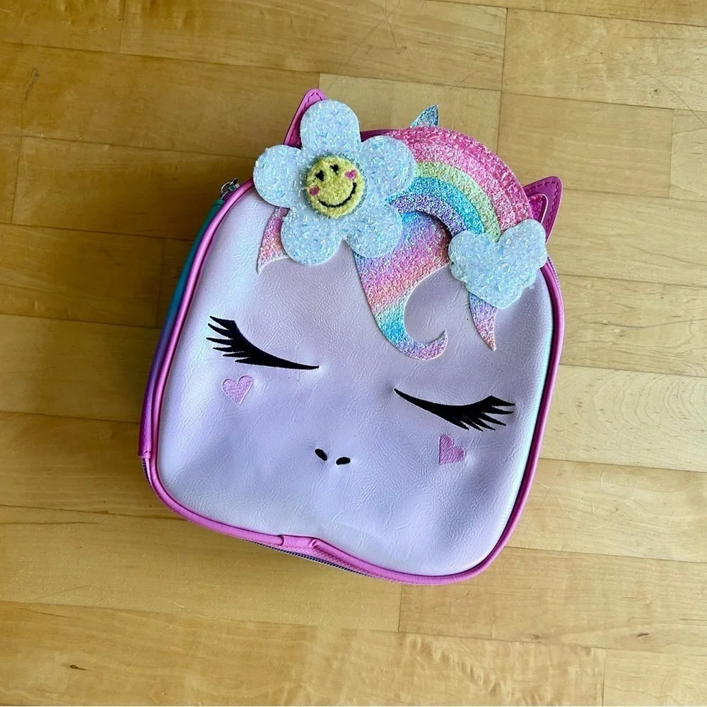Sparkly Unicorn Kids Insulated Lunch Cooler with Rainbow + Flower Accents, Pink